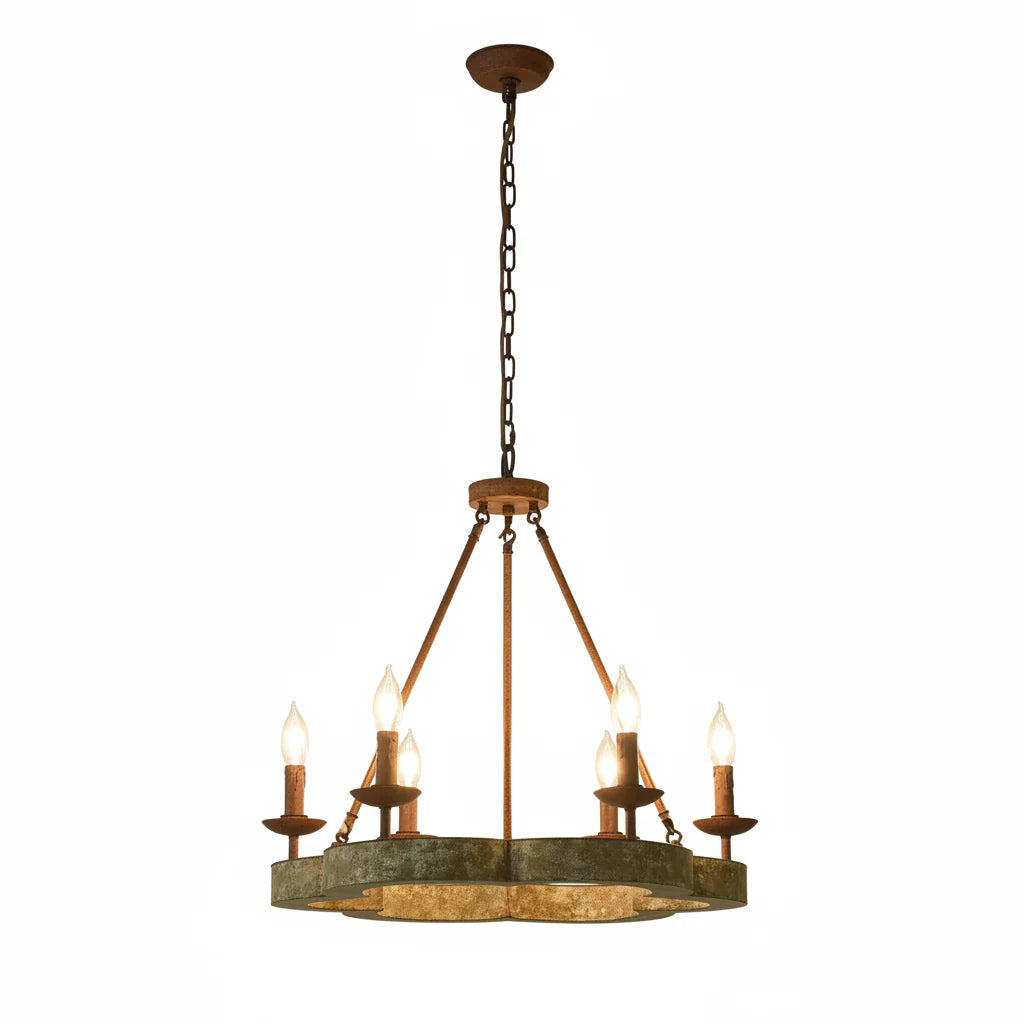 Rustic chandelier with multiple candle-style lights on a white background