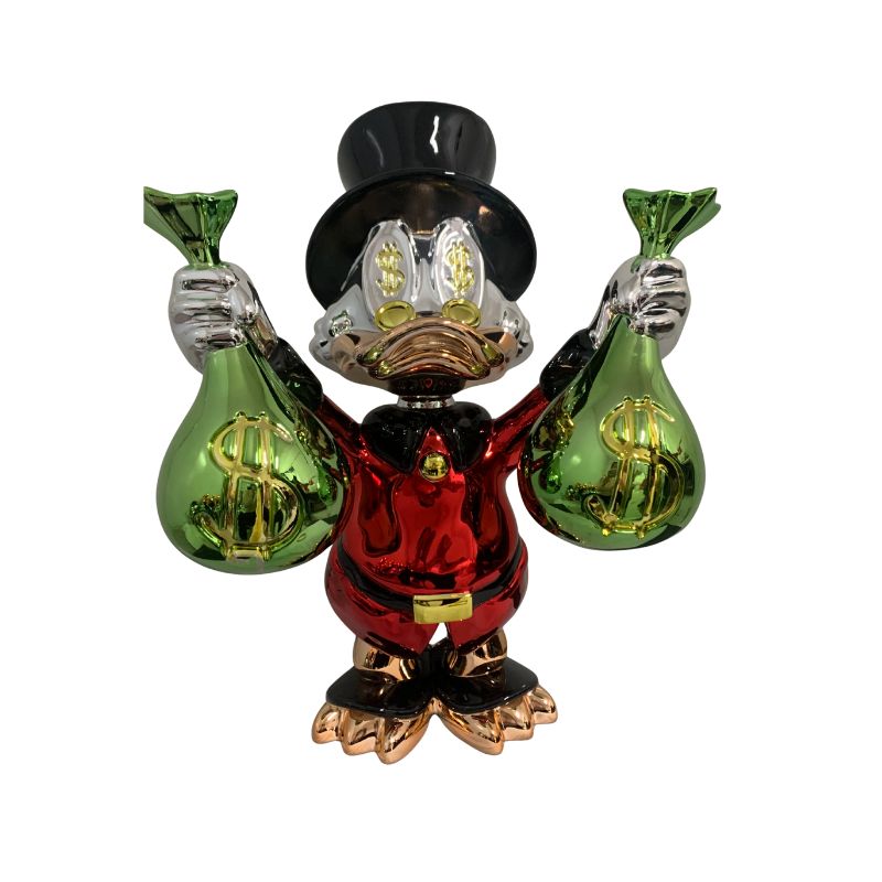 Character holding green bags with dollar signs on a white background